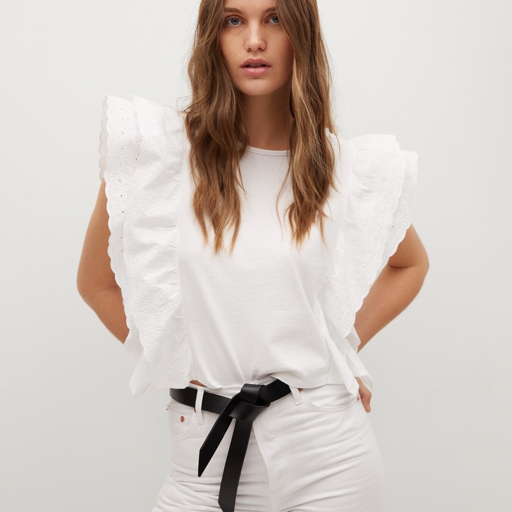 Mango White Ruffled Sleeve Top